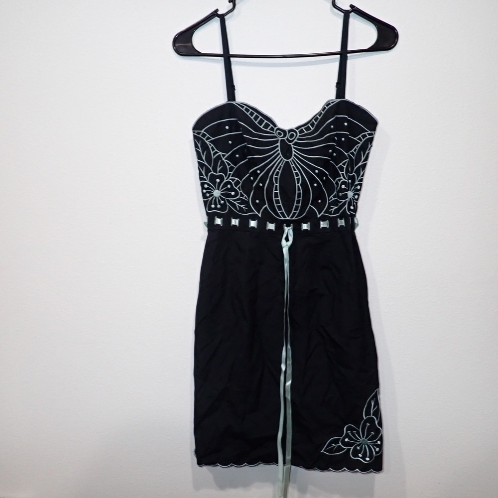 Betsey Johnson Black Butterfly Embroidered Mini Dress Blue Floral Size 2 NEW